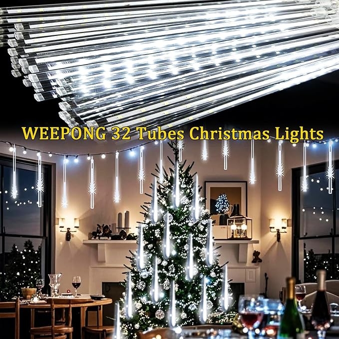Weepong Christmas Lights Outdoor 32 Tubes 768 LEDs Meteor Shower Lights UL Certified Snow Falling Rain Drop Icicle String Light for Xmas Tree Christmas Decorations Outdoor Wedding Party Window,White