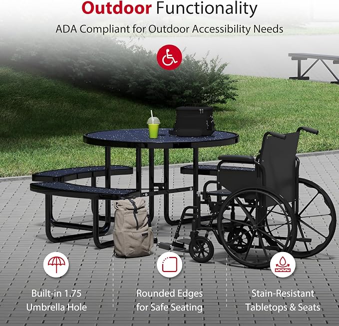 Leisure Craft Metal Picnic Table with Bench - 46" Round Outdoor Dining Table with Umbrella Hole, Heavy Duty Thermoplastic Coating, ADA Compliant, Commercial Grade Furniture Made in USA - Black