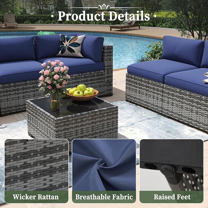 Aoxun 10 Piece Patio Furniture Set Wicker Rattan Patio Conversation Set Outdoor Sectional Sofa Set with Coffee Table and Thickened Cushions, Gray/Blue