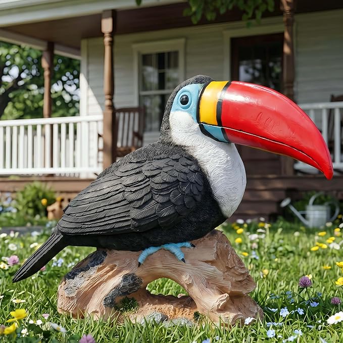 Real Toucan Statue,Colorful Outdoor Bird Decor Sculpture- 14.2" Resin Bird Outdoor Animal Ornament, Tropical Tiki Bar Decor, Waterproof & Weather-Resistant, Perfect for Garden, Patio, Yard