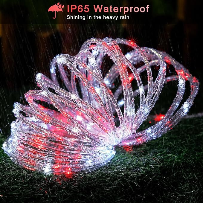 JMEXSUSS 200 LED Solar Rope Lights, 72ft IP 65 Outdoor Waterproof Christmas Lights with 8 Modes, Red and White for Fence Yard Walkway (Pack of 2)