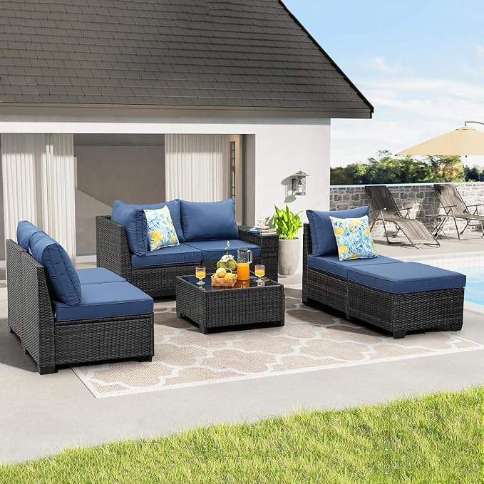 7 Pieces Outdoor Patio Furniture Set, Wicker Conversation Sets with Tea Table, Rattan Patio Sofa with Thick Cushions for Garden, Backyard Porch, Poolside,Navy