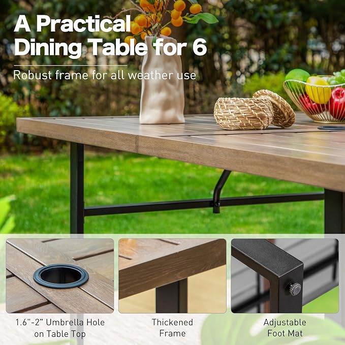 SUNSHINE VALLEY 64" Patio Dining Table for 6,Teak Color Rectangle Patio Table with Umbrella Hole,E-Coating and Powder Coating Steel Frame Metal Outdoor Patio Table for Garden Backyard Lawn Yard
