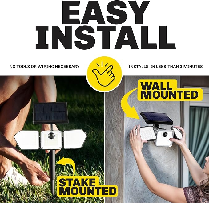 Bell+Howell 2 Pk Bionic Solar Flood Lights Outdoor Motion Sensor | 500 Lumens, Wireless, Waterproof Security Lights for Outside House, 3 Adjustable Heads, Stakes & Mountsing Hardware Included