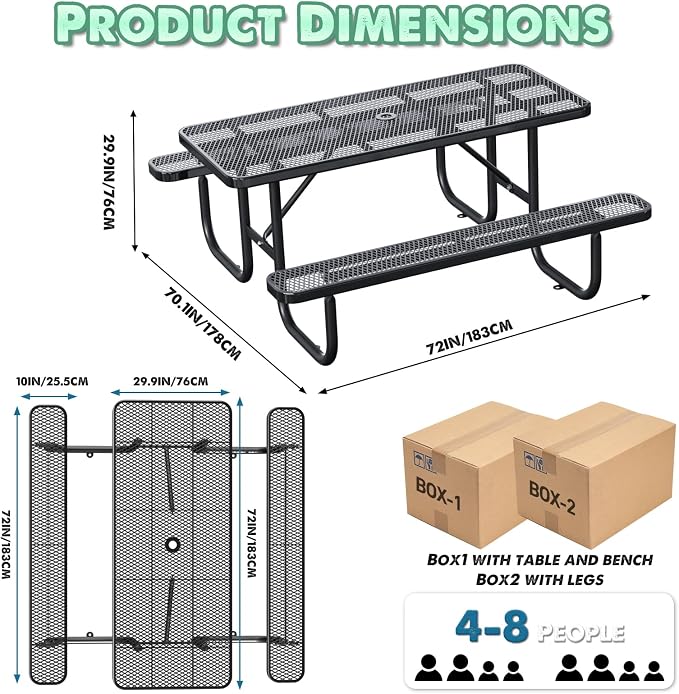 6FT/72IN Heavy Duty Outdoor Picnic Table and 2 Benches for 4-8 People, Weather Resistant Rectangular Steel Picnic Table Set with Umbrella Hole for Yard Patio Lawn Party Black