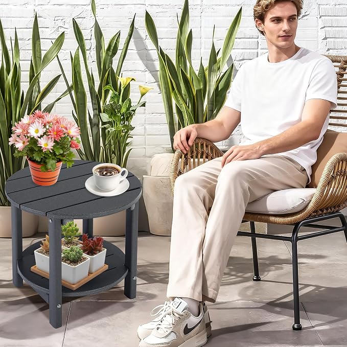 LZRS Adirondack Side Table Double End Table, Outdoor Coffee Tables for Patio, Backyard,Pool, Indoor Companion, Easy Maintenance & Weather Resistant(Grey)
