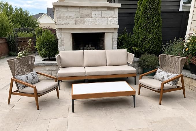 PURPLE LEAF Patio Furniture Set Outdoor Conversation Sets with Removable Cushions 6 Piece Aluminum Modern Wicker Sofa Chairs Plus Coffee Table for Balcony Yard Garden, Oatmeal Greige