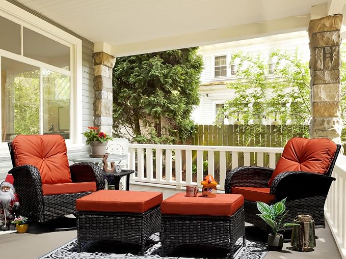 Patio Furniture Conversation Set with Ottomans, 5 Piece Wicker Patio Swivel Rocking Chairs with 360° Swivel Glider and Glass Coffee Table for Porch, Deck, Garden,Red