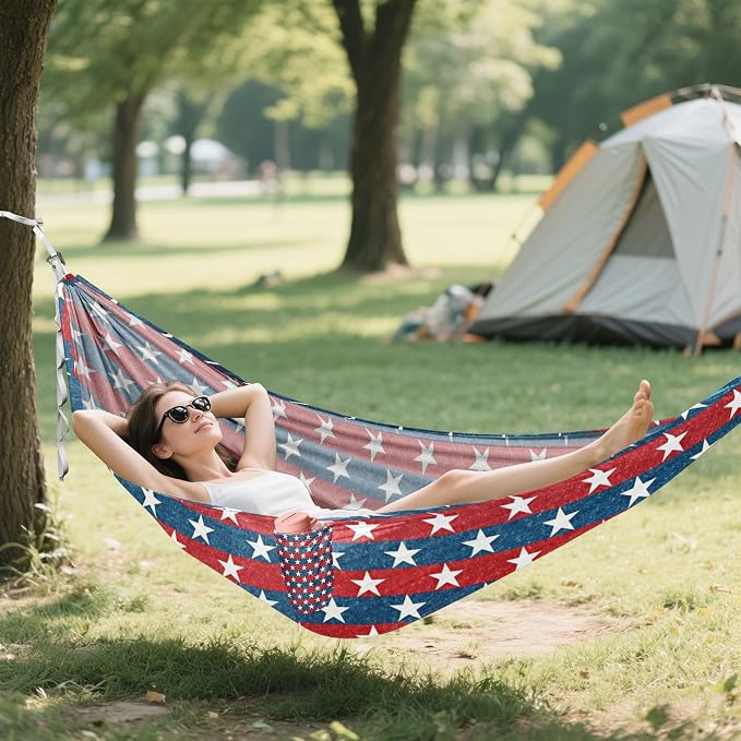 Patriotic Stars Camping Hammock, Portable Lightweight Single Hammock with Tree Straps and Aluminum Carabiners, 114" x 54" Travel Hammock for Hiking Backpacking Beach