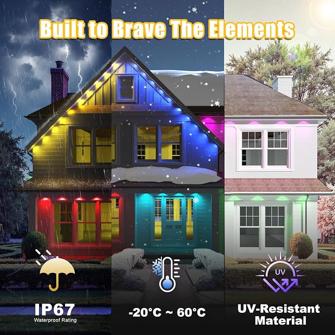 Permanent Outdoor Lights for House 100ft RGB+IC Eave Lights | IP67 Waterproof Smart LED Outdoor Lights with 16M Colors, App/Remote Control for Christmas, Halloween, Daily, Party