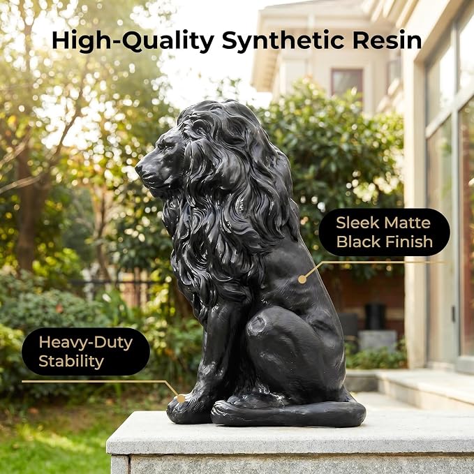 20.5" Black Lion Statue, Resin Outdoor Guardian Sculpture | Weather-Resistant Finish, Simulated Animal Decor, For Villa Garden Park Resort, Home Courtyard