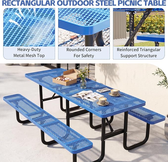 96" Rectangular Metal Picnic Table, Commercial Steel Picnic Tables with 1.96" Umbrella Hole, Heavy Duty Picnic Tables for Outdoor Garden Courtyard BBQ, Blue