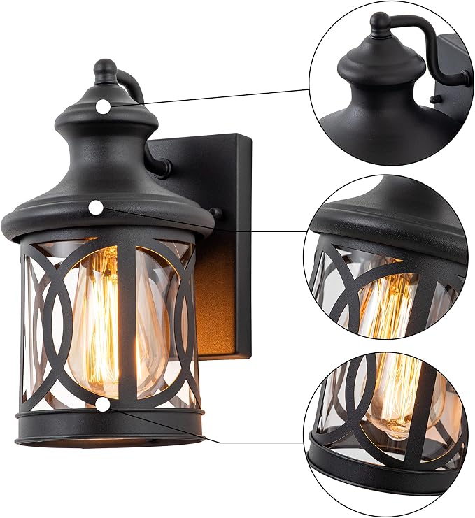2-Pack Outdoor Wall Lights, Porch Lights, Waterproof Outdoor Wall Sconce, Exterior Light Fixture Matte Black with Clear Glass Shade for Garage Patio Front Door Balcony, 12in.