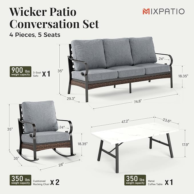 MIXPATIO Patio Furniture Set with Coffee Table, Outdoor Conversation Set with 2 x Rocking Chairs, 1 x 3-Seat Sofa for Lawn Garden Backyard, Grey