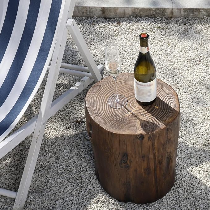 COSIEST Outdoor End Table Black Walnut Colored Faux Wood, Hand-Painted Wood Stump Stool, Ottoman or Plant Stand, Deck or Garden