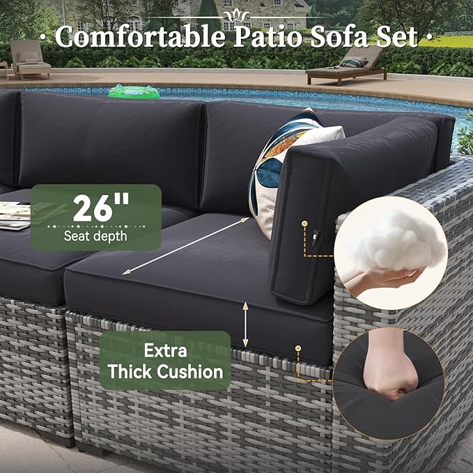 Aoxun 8 Piece Patio Furniture Set with 44” Fire Pit Table Wicker Rattan Outdoor Sectional Sofa Set with Coffee Table and Thickened Cushions, Black
