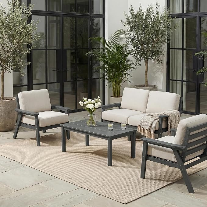 HDPE 5 Piece Patio Furniture Set, Outdoor Couch with Washable Thick Beige Cushions & Coffee Table, Outdoor Sectional Furniture for Backyard, Deck, Lawn, Porch (Gray Frame)