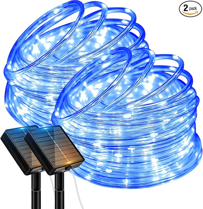 btfarm 2 Pack Solar Rope Lights Outdoor, Total 92FT 240LED Solar String Lights Outside Waterproof, 8 Lighting Mode Solar Powered Trampoline Light for Garden Tree Christmas Yard Party Decor, Blue