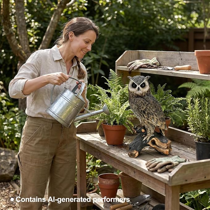 18.98" Hand-Painted Resin Owl Garden Statue | Lifelike Woodland Animal Figurine, Durable Yard Sculpture, Branch Base, Outdoor Patio, Lawn & Nature Decor