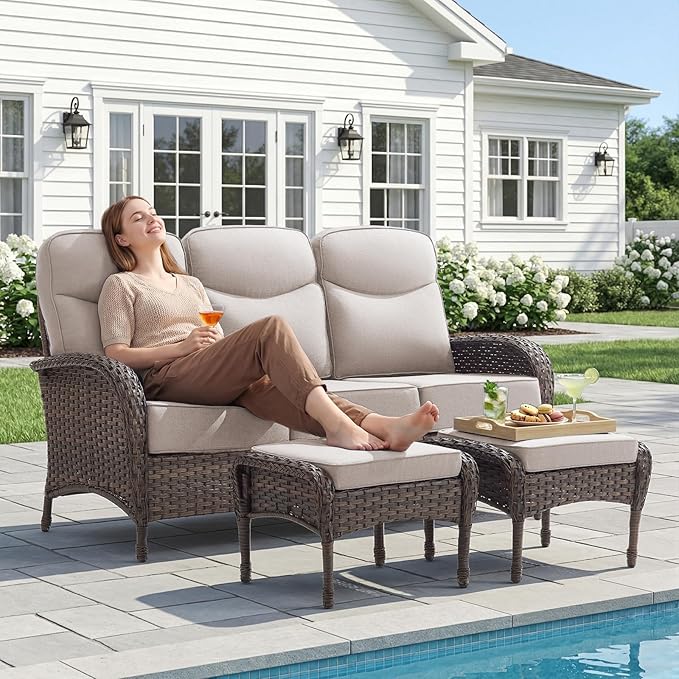 9-Piece Patio Furniture Set with Upgraded 6" Thick Cushion - High Back Outdoor Swivel Rocker Chairs Set of 2 with 3-Seater Sofa,Ottomans,Wicker Outdoor Conversation Set for Deck, Porch, Yard, Poolside