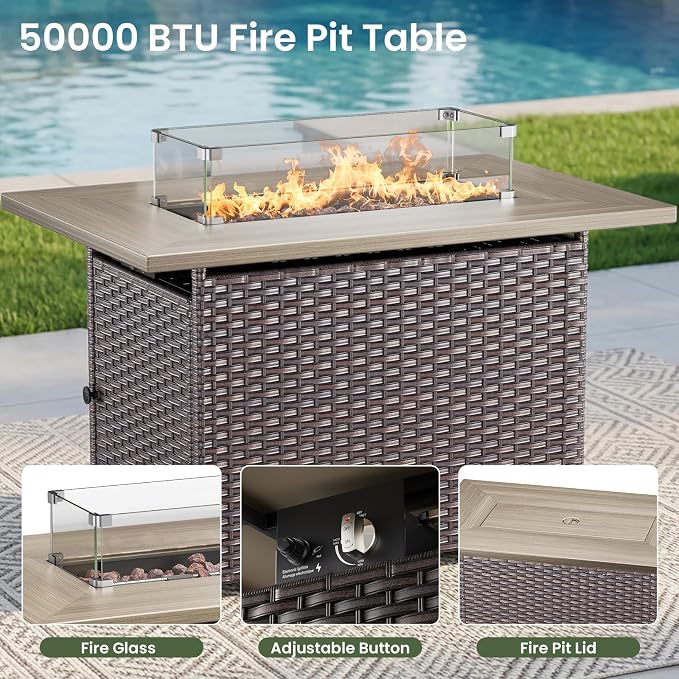 Luxury Patio Furniture Set with 6-inch Thick Cushion, Outdoor Furniture with Fire Pit Table, Swivel Chairs, Sofa, Side Table, Ottomans, 9pcs Wicker Conversation Set(Brown Wicker/Blue Cushion)
