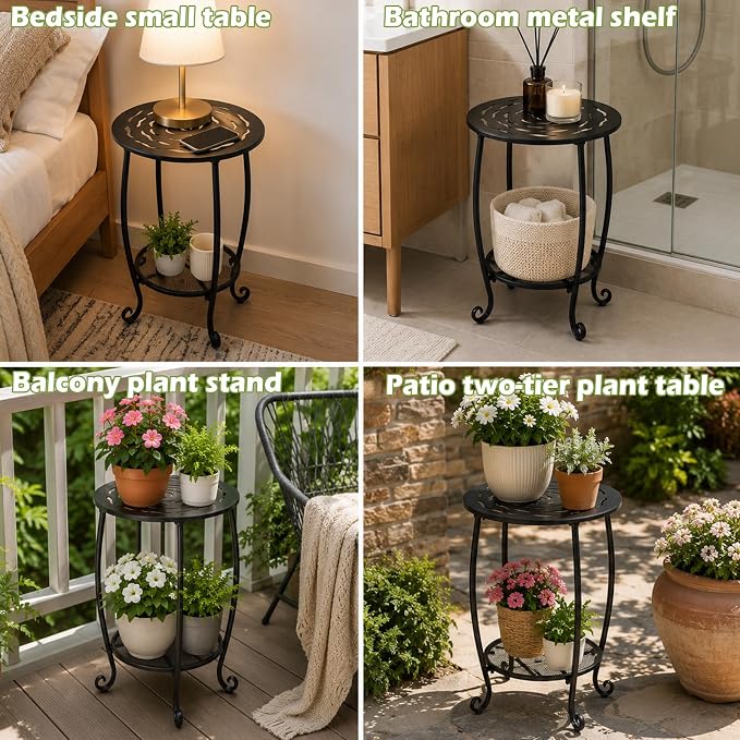 2-Tier Metal Round Side Table Black Accent Coffee Tables Small Space Corner Plant Stand Shelf for Indoor Outdoor Porch Patio Balcony Living Room End Table with Storage, Rust-Proof
