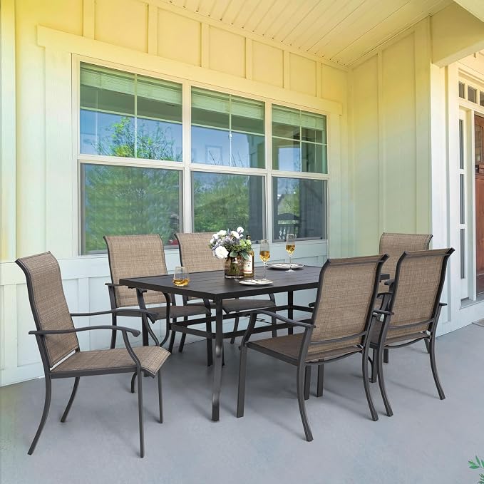 NUU GARDEN 7 Pieces Patio Dining Set, All-Weather Outdoor Furniture with 6 Textilene Dining Chairs and 61" Rectangle Metal Dining Table with Umbrella Hole for Patio Deck Garden, Black and Brown