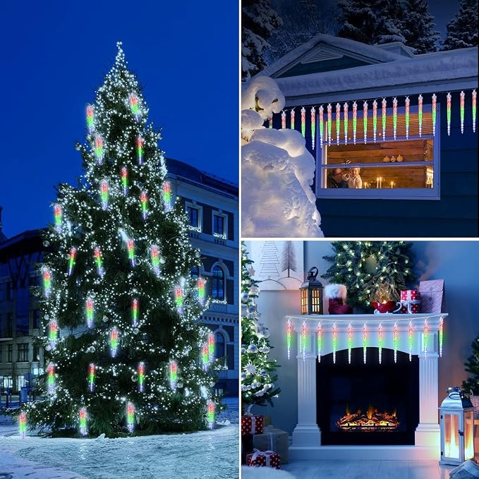 Brightown Christmas Meteor Shower Icicle Lights Outdoor, 2 Pack Total 40ft with 40 Large Tube 960 LED Dropping Effect, Waterproof Decorations for House Eave Roofline, Multicolor