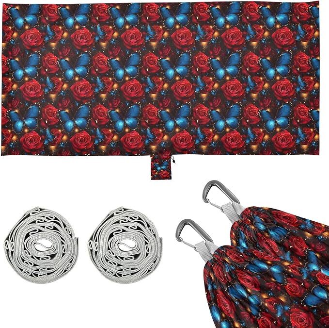 Camping Hammock Outdoor Hammocks for Outside Blue Butterfly Red Rose Beach Trees Portable Lightweight with Pockets Tree Straps Indoor