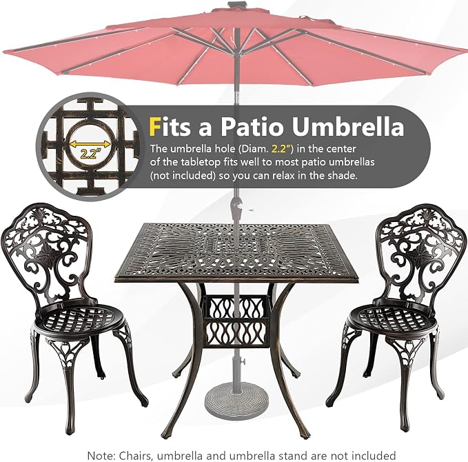 Giantex Patio Dining Table, Cast Aluminum Outdoor Table for 4 Persons, Heavy-Duty Structure, Adjustable Footpads, All-Weather Square Umbrella Table with Hole, 35.4" Lx35.4 Wx29.5 H