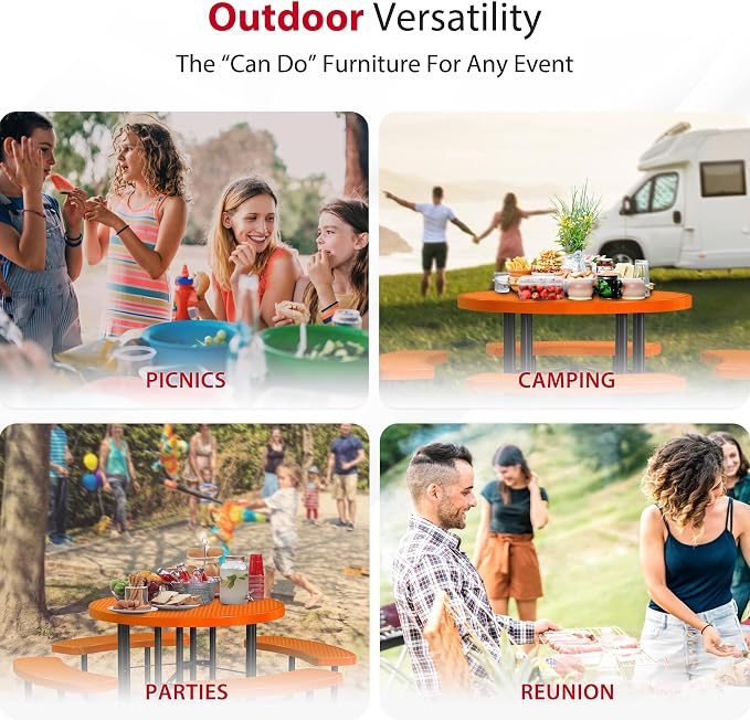Leisure Craft Metal Picnic Table with Bench - 46" Round Outdoor Dining Table for 8 with Umbrella Hole, Weatherproof Heavy Duty Thermoplastic Coating, Commercial Grade Furniture Made in USA - Orange