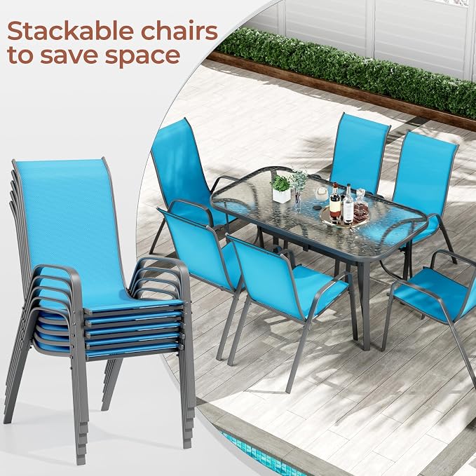 TLSUNNY 7 Pieces Patio Dining Set, Outdoor Table and Chairs W/1.69″ Umbrella Hole, 30"X 55" Table and Stackable Textilene Chair, All Weather Patio Furniture Set (Umbrella not Included)