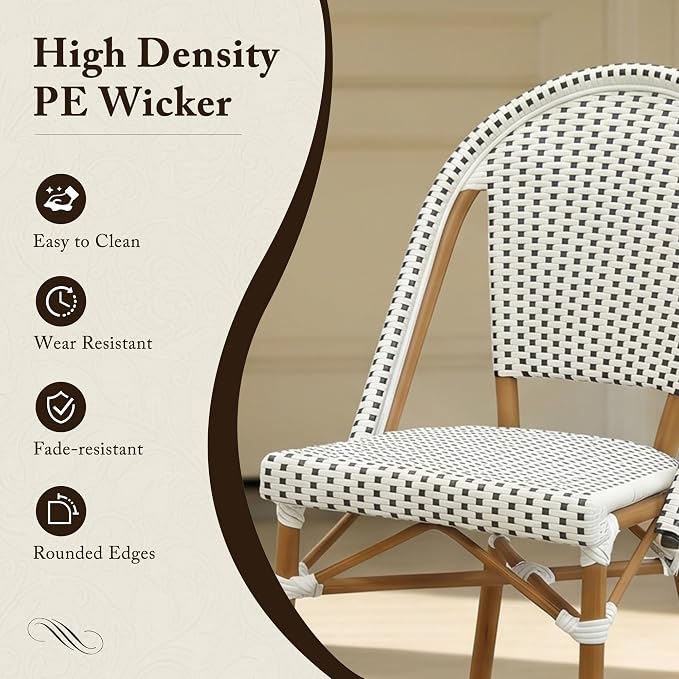 PURPLE LEAF 3-Piece French Bistro Dining Set Square Outdoor Patio Table and 2 Armless Chairs Tempered Glass Top PE Rattan Bamboo Print Finish Aluminum Frame White