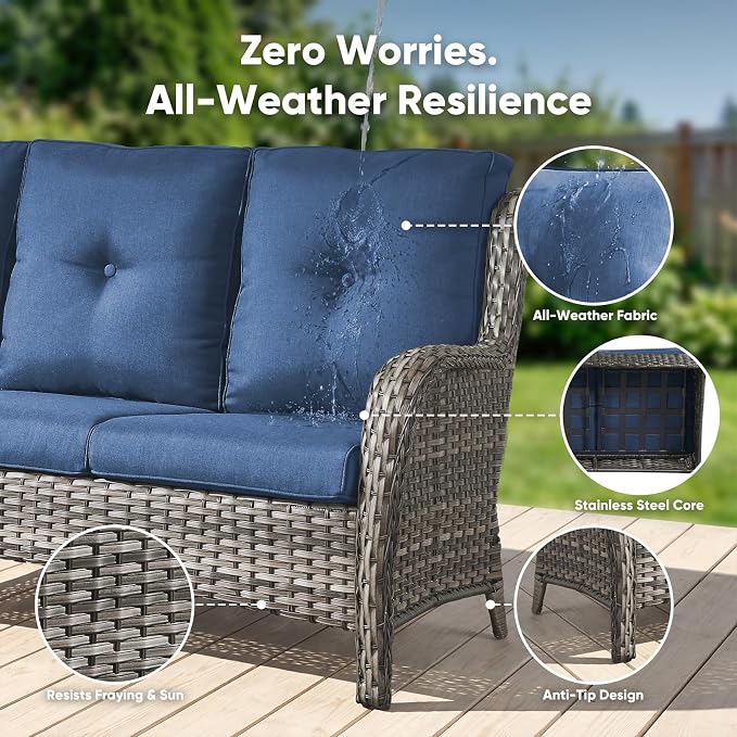 Belord Patio Sofa Luxury PE Wicker 3-Seater Outdoor Couch, Modern All-Weather High Back Deep Seat Woven Furniture Set for Porch, Deck, Balcony, Backyard - Grey/Blue