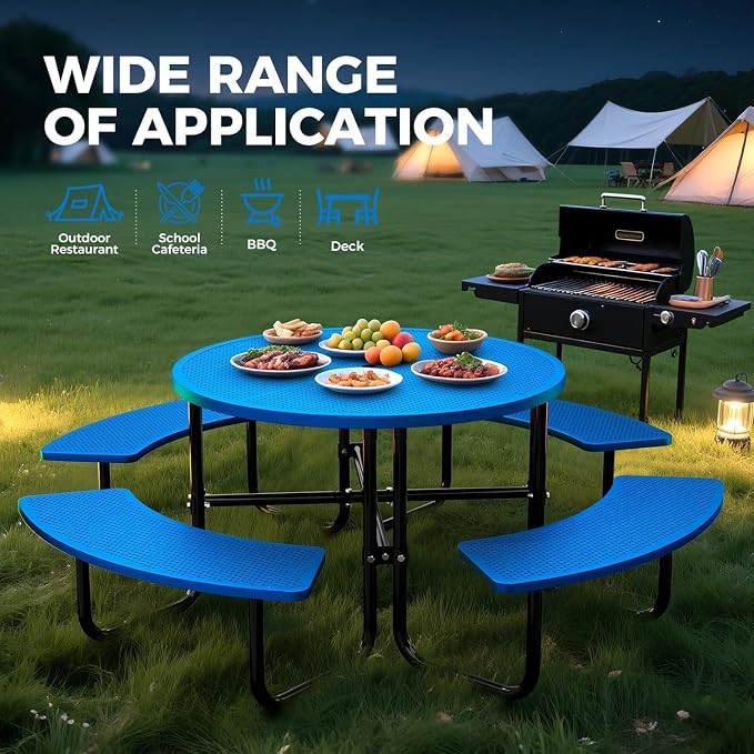 46" Coated Round Metal Picnic Table for 4-8 Person, Durable Heavy Duty Commercial Picnic Table with Umbrella Hole for Outdoor Coffee Shop, School, Easy to Install, Blue