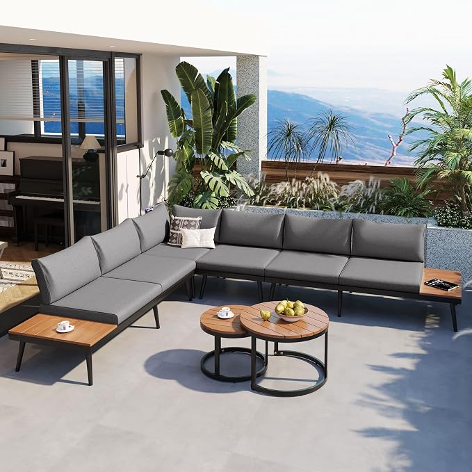 6-Piece Metal Outdoor Sectional Sofa Set with Round Nesting Coffee Tables, L-Shaped Patio Furniture Set Seating Sofa with Cushions for Patio, Porch and Garden, Gray