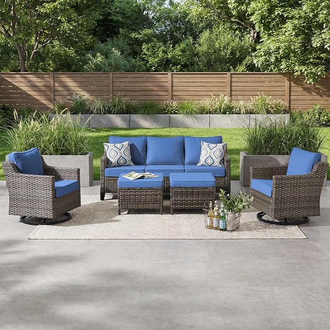 Outdoor Furniture Set of 5, Patio Chairs with Luxury 4" Cushion, Wicker Swivel Rocker Patio Chairs, and Side Table, High Back&Deep Seat for Garden Deck Porch Balcony Backyard - Blue