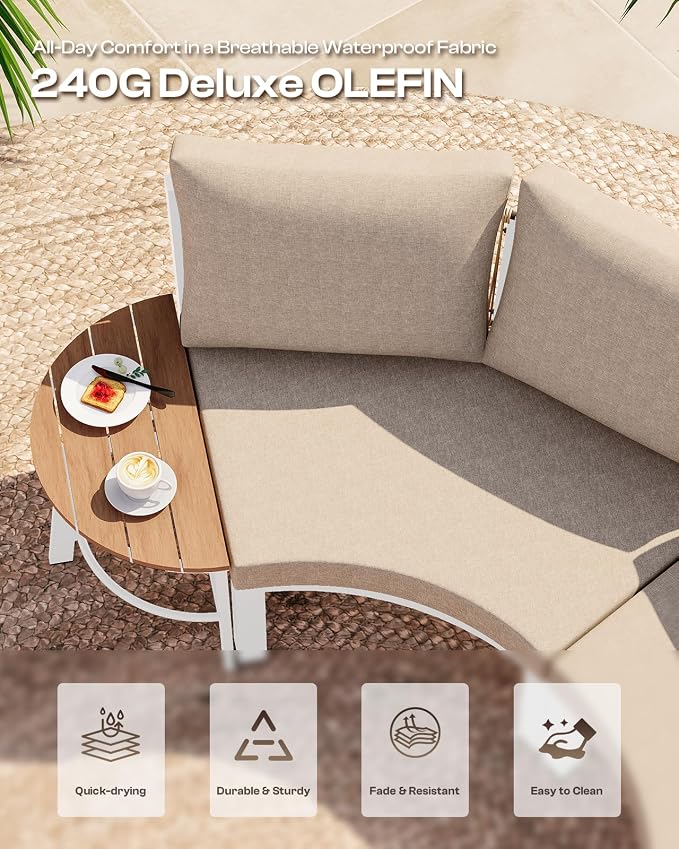 Outdoor Patio Sectional Modular Sofa, Aluminum 1 Piece Curved Patio Couch with Washable Cushions, All Weather PE Rope Sofa for Backyard,Porch, Deck, Poolsid, White