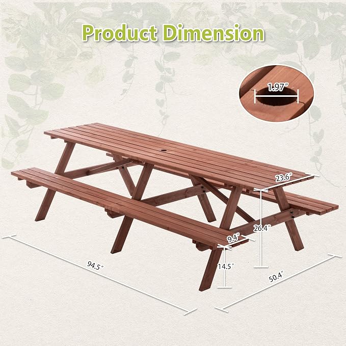 94.5" Picnic Table with Bench for 12 Person Extra Large Rectangle Outdoor Wooden Outdoor Picnic Tables for Patio Garden Backyard Large Outside Dining Table Set with Umbrella Hole