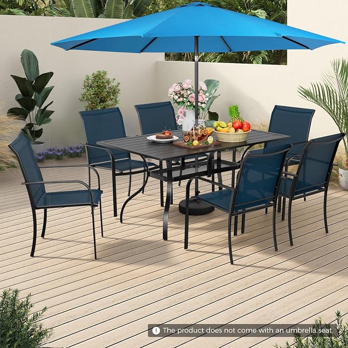 Incbruce 8 Pieces Patio Dining Set with Sky Blue Umbrella, Outdoor Dining Set of 6 Textilene Chairs and Rectangle Table with Umbrella Hole for Backyard, Garden, and Poolside (Blue)