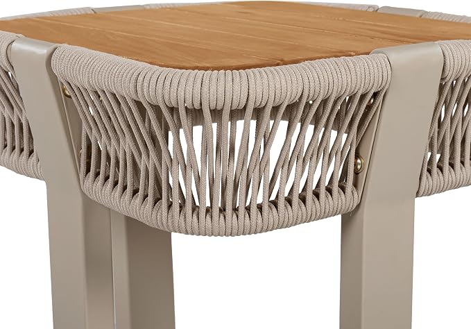 Acacia Wood Side Table, Square Outdoor End Table with Rope & Metal Frame, Small Outdoor Table for Patio, Garden, Poolside, Deck w/UV-Resistant Frame,120 lbs Capacity, Beige+Teak