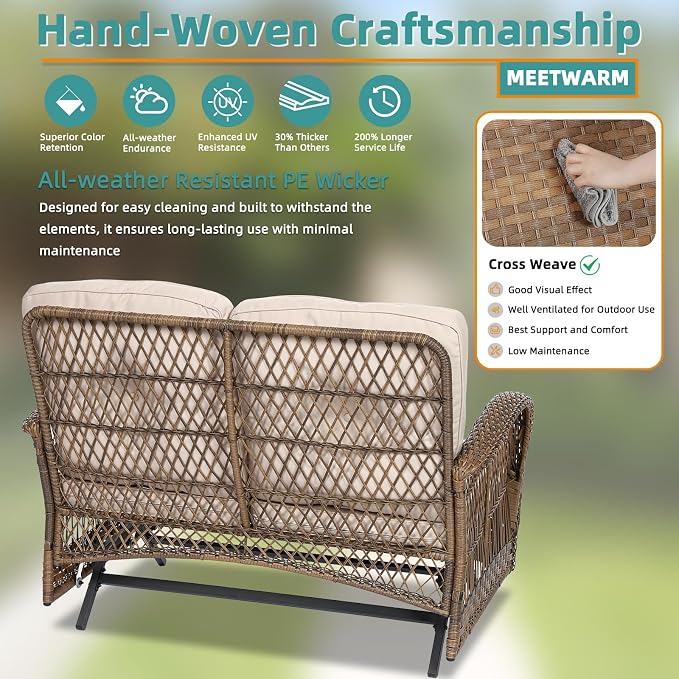 MEETWARM Outdoor Wicker Patio Glider Set, Loveseat for 2 Person Porch Furniture Glider with Glass-Top Coffee Table, Patio Glider Rocking Bench with Thickened Cushions, Brown