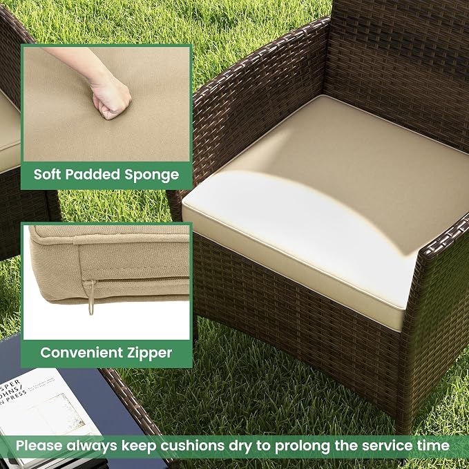 RELAX4LIFE 4-Piece Patio Furniture Set - Rattan Outdoor Conversation Bistro Set w/Cushions, Glass Coffee Table, Wicker Chairs & Loveseat for Garden Backyard Porch, Balcony Furniture Set (1, Beige)