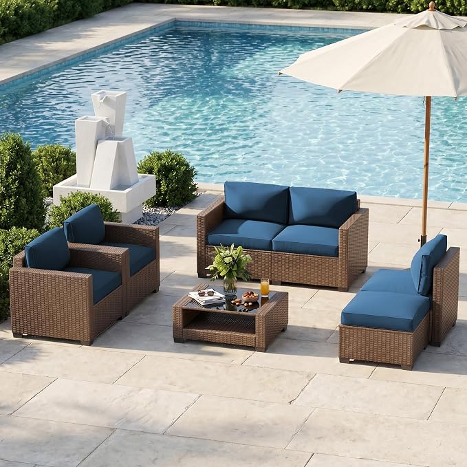Patio Furniture Set, 7-Piece Outdoor Sectional Couch with Coffee Table & Thick Cushions, Outdoor Wicker Conversation Set for Backyard, Poolside, Garden (Brown-Peacock Blue, 7 Piece-Double)