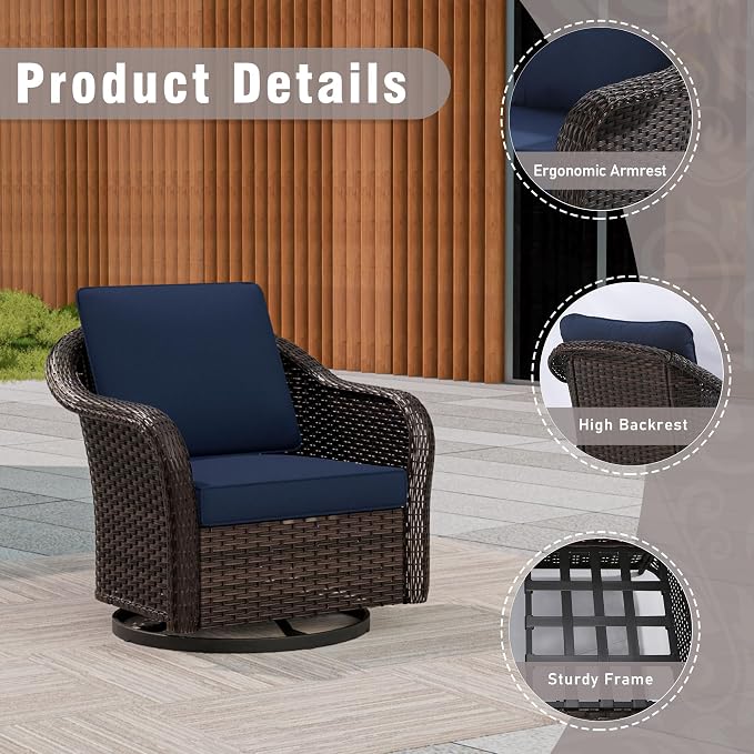 4 Piece Patio Wicker Conversation Set, 2 All-Weather Use Outdoor Wicker Swivel Chairs with 2 PE Rattan Ottomans,Ideal for Porch, Backyard, Balcony, Poolside, Blue