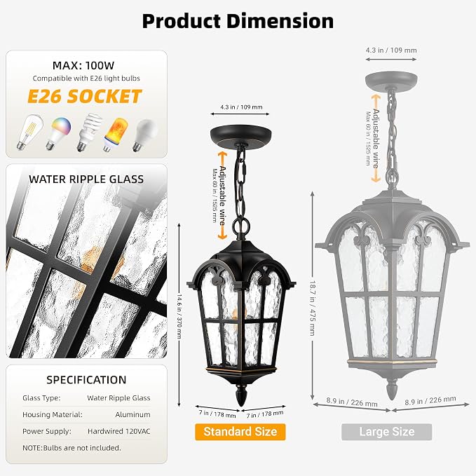 VIANIS Black Outdoor Pendant Light Lantern with Gold Trim, Outdoor Hanging Lights with Ripple Glass, Aluminum Outside Chandelier for Porch Waterproof and Anti-rust, Ceiling Fixtures for House Entryway