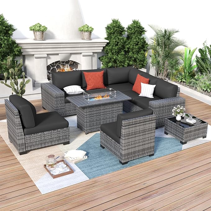 Patio Furniture with Fire Pit Table,8‘’ Wide armrest Outdoor Sectional Rattan Sofa Set, Wicker Patio Furniture Sets w/Coffee Table,Thick Cushions and Cover for Porch,Deck, 9PC(Grey&Black)