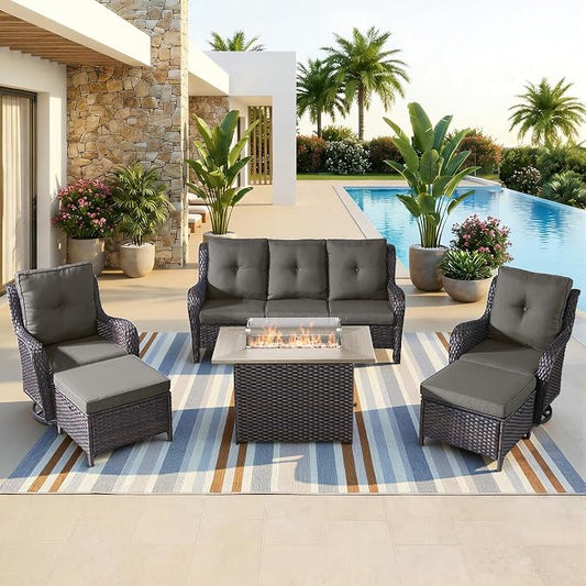 Patio Furniture Set with 41" Fire Pit Table - High Back Patio Conversation Set with 4 Inch Thick Cushions and Deep Seating Swivel Glider Chairs & Outdoor Couch for Porch Deck Yard Pool Brown