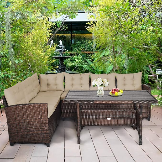 Tangkula Patio Furniture Set, 3 Pieces Outdoor Conversation Set with 6 Cushioned Seat & Coffee Table, Rattan Couch Set for Balcony, Garden, Lawn, Poolside and Backyard (Brown)