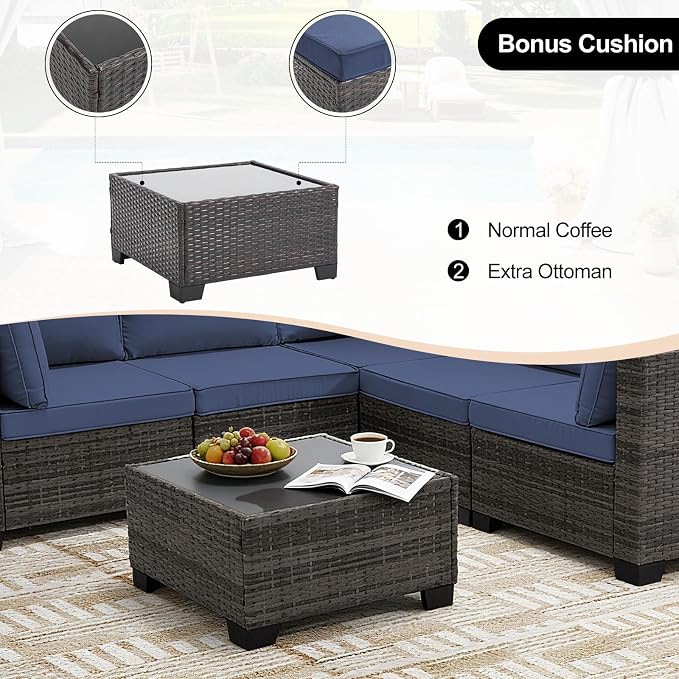 CANMOV 5 Pieces Patio Furniture Sets, All Weather Outdoor Patio Conversation Set, Wicker Rattan Sectional Sofa Couch Glass Coffee Table and Washable Cushions for Backyard Garden, Porch, Navy Blue